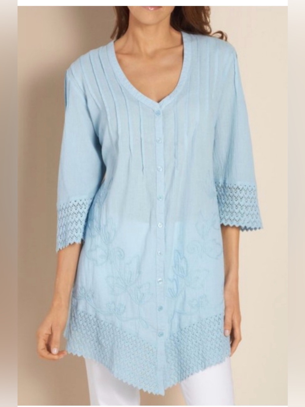 Soft Surroundings Grenada Cotton Embroidered Pintuck Tunic Shirt SZ 1X Breezy
